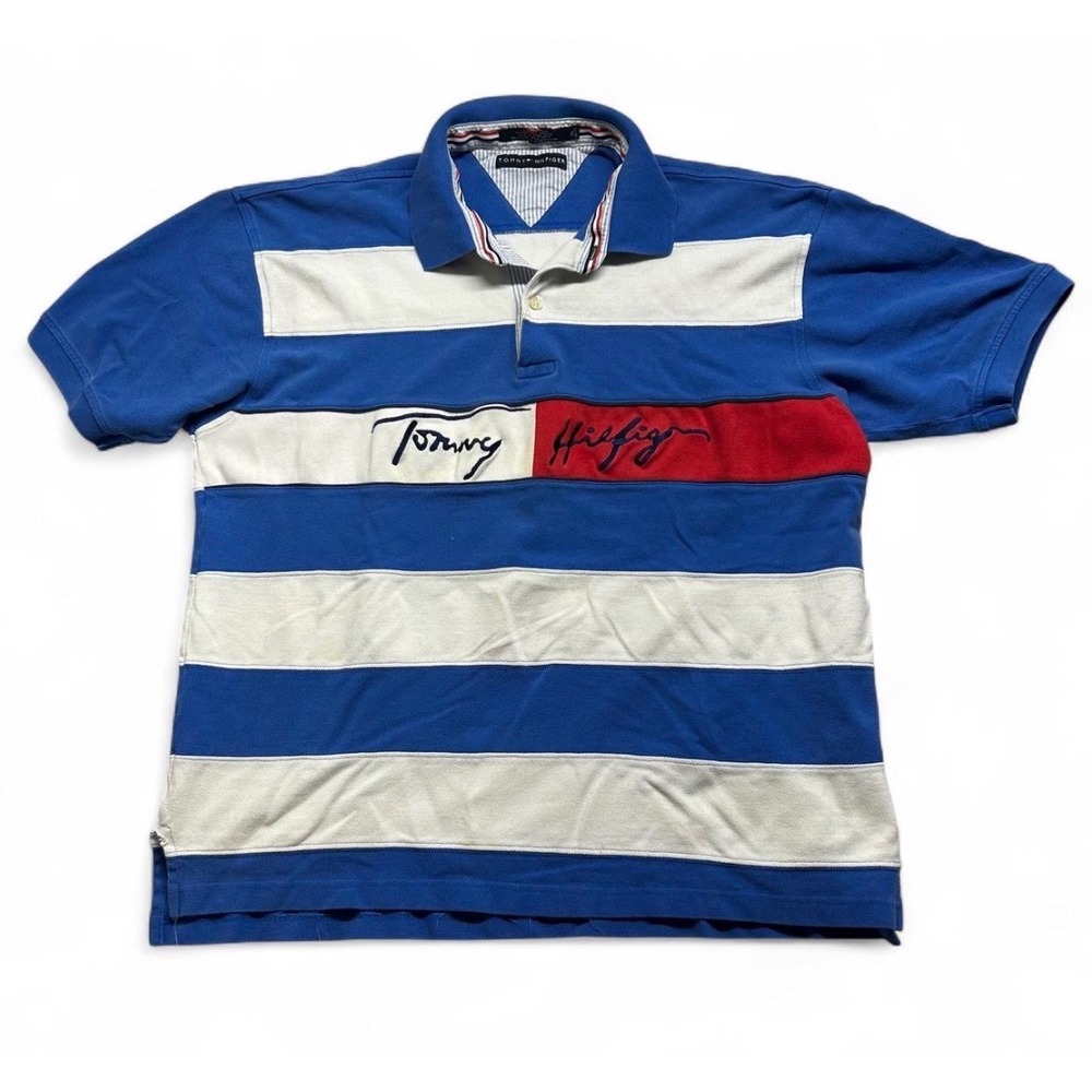 Vintage Tommy Hilfiger Striped Polo Shirt Blue White Red Script Logo Mens XL